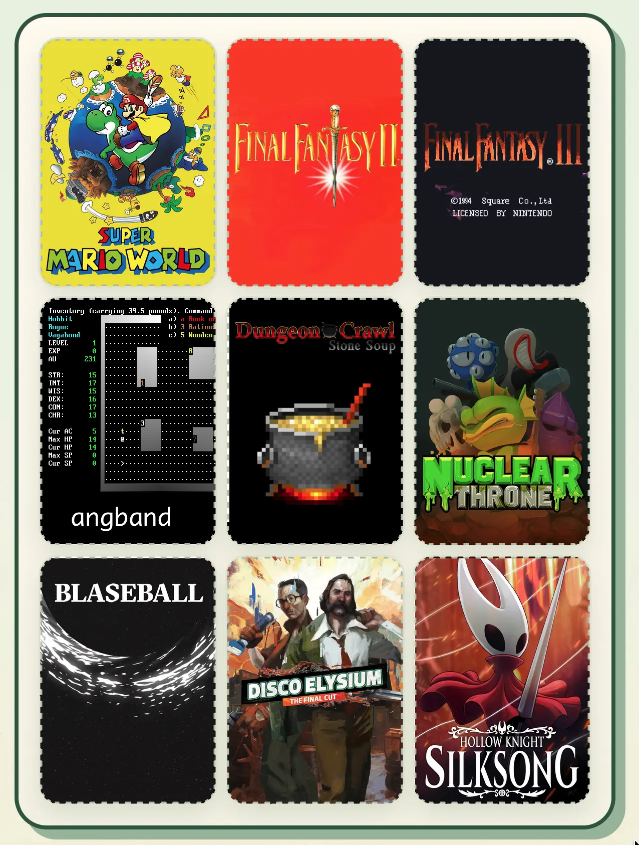 3 by 3 grid of images representing 9 video games, whether via cover/promotional art or screenshots of actual gameplay. The 9 games are: Super Mario World, Final Fantasy II, Final Fantasy III, Nuclear Throne, Angband, Dungeon Crawl Stone Soup, Disco Elysium, Blaseball, and Hollow Knight: Silksong.